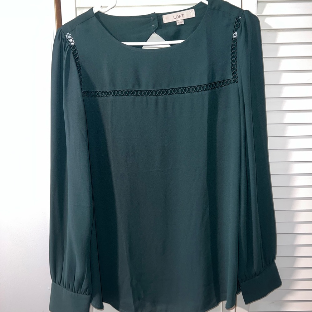 LOFT Dark Green Blouse with Lace Detail